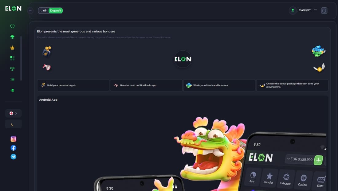 Elon bonus info with options like cashback, notifications, and Android app promo