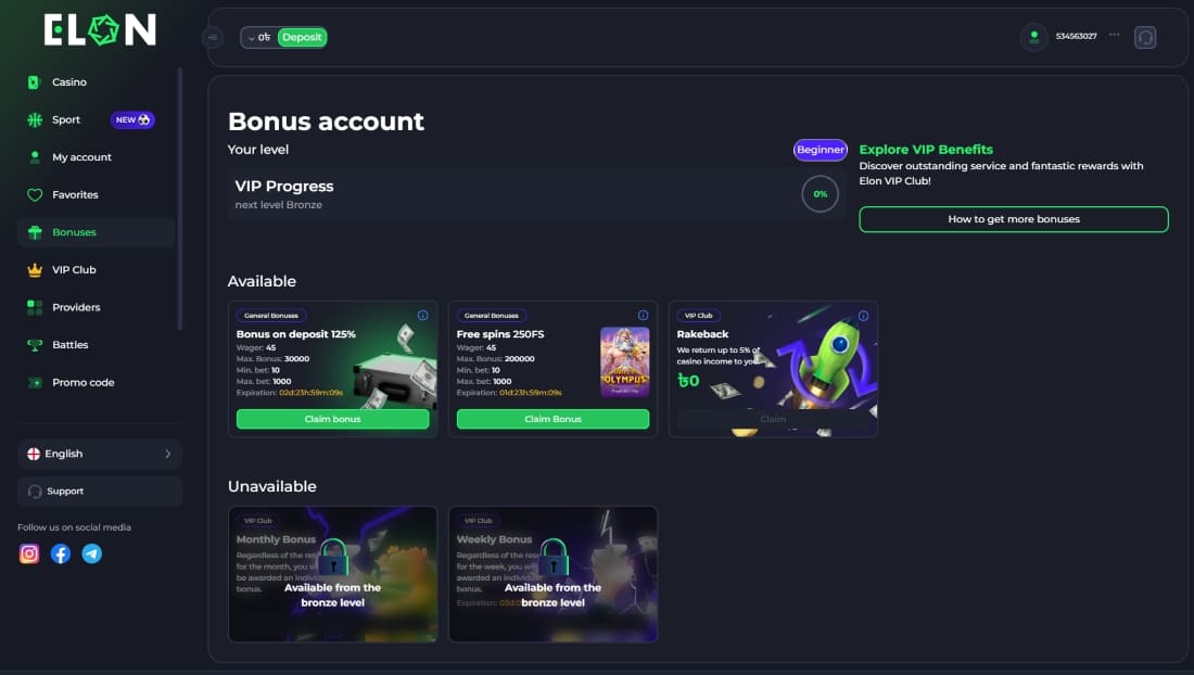 Bonus dashboard with available bonuses, VIP progress bar, and locked offers