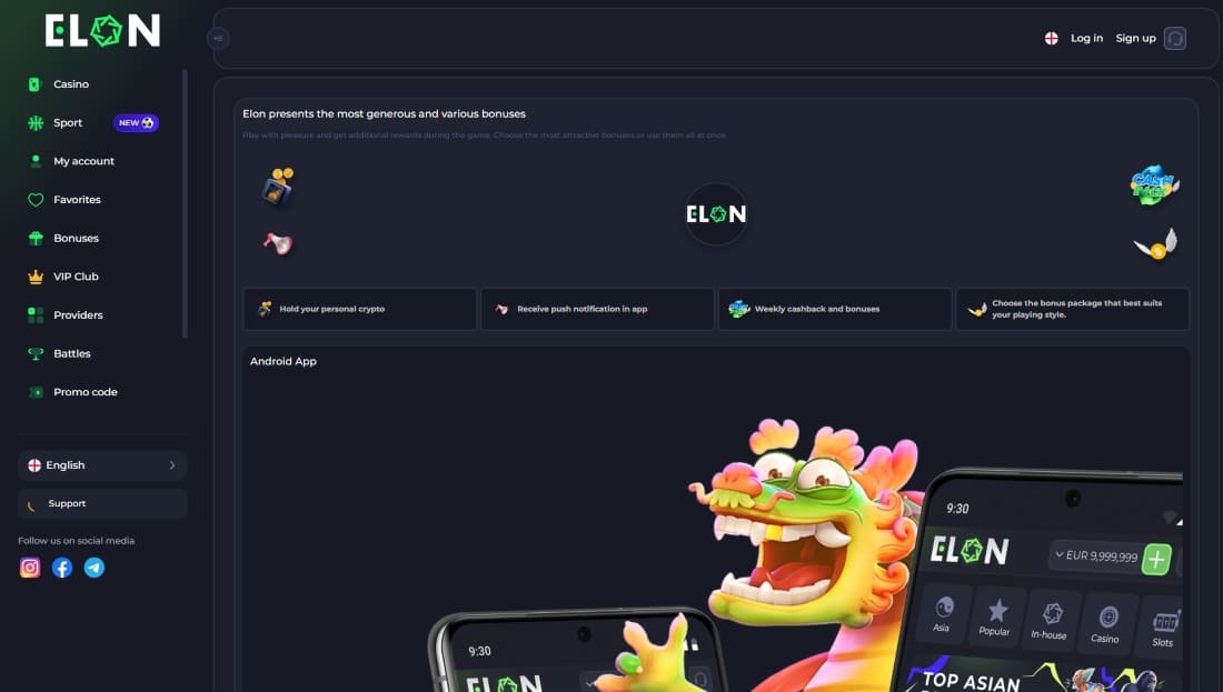 Elon Casino bonus features like cashback, crypto wallet, and notifications