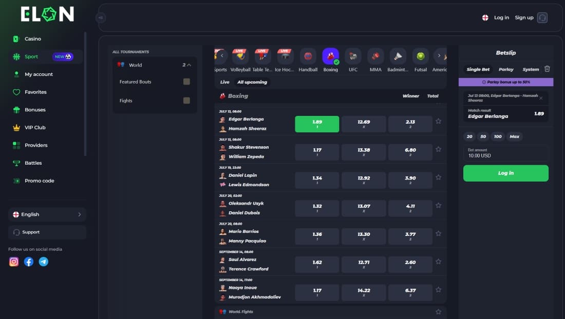 Betting interface showing boxing matches, odds, and an active betslip with selected fight