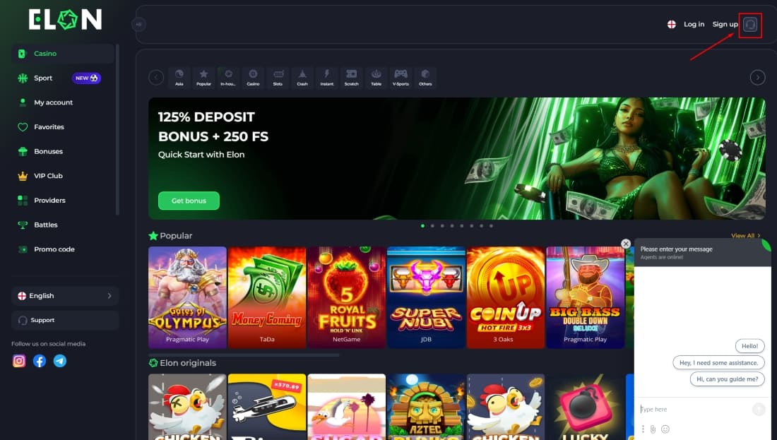 Elon Casino homepage showing bonus banner, live chat support, and login area