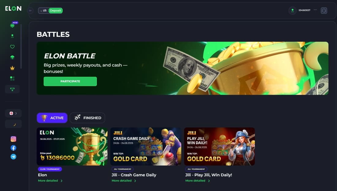 Elon Battle tournaments with prize pools, daily events, and gold card rewards