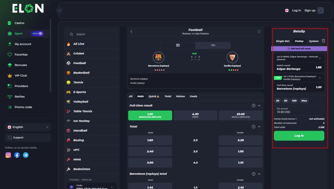 Football match screen with betting options and parlay slip including two outcomes