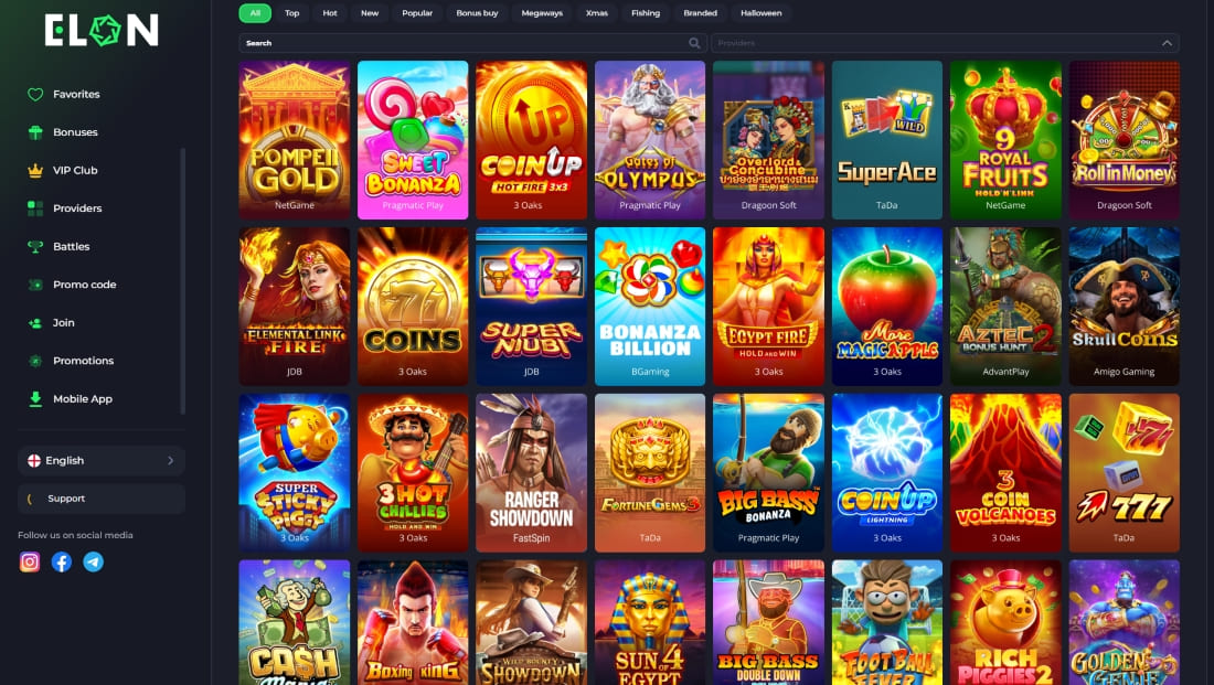 Grid view of Elon Casino slot games with filters and popular providers visible