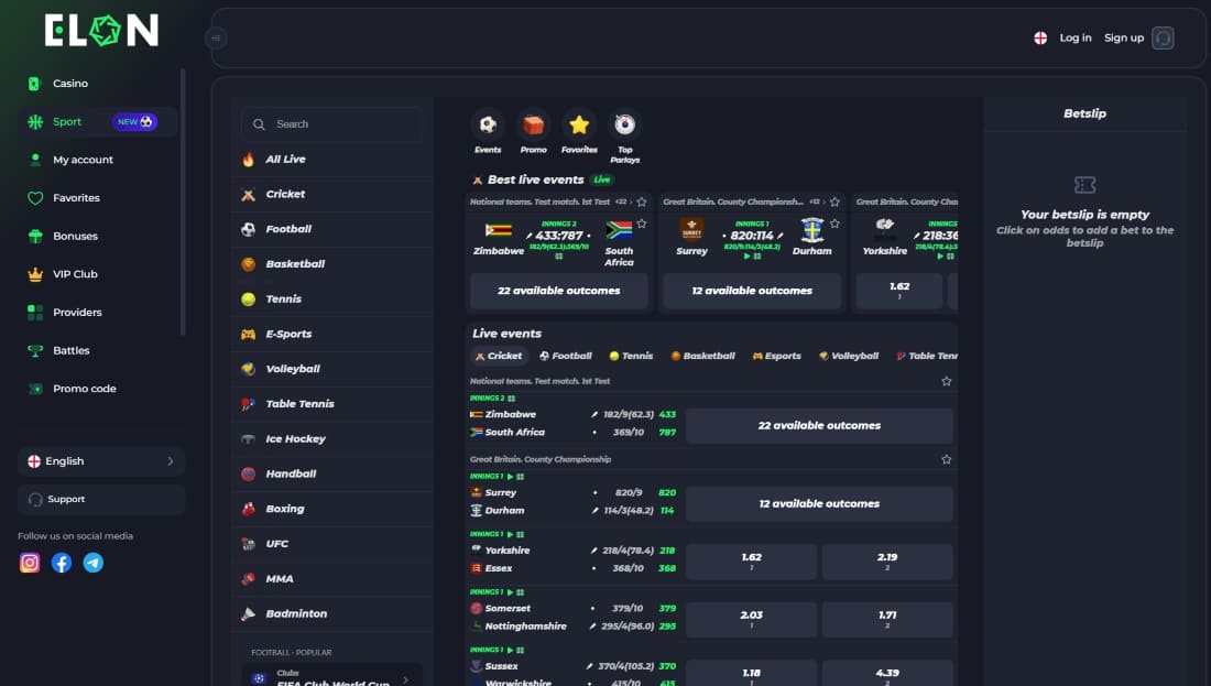 Live sports betting page with cricket, football, tennis and current match outcomes~