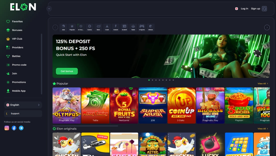 Elon Casino homepage with 125% deposit bonus banner and popular slot games