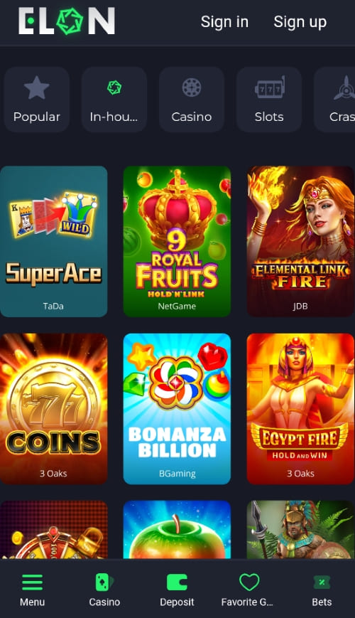 Slot game grid on mobile version showing SuperAce, Royal Fruits, and Egypt Fire