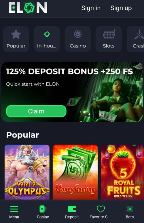 Elon mobile homepage with 125% deposit bonus banner and popular game previews