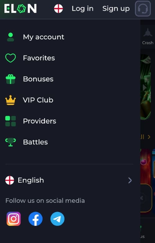 Expanded mobile menu with links to account, bonuses, VIP Club, and providers