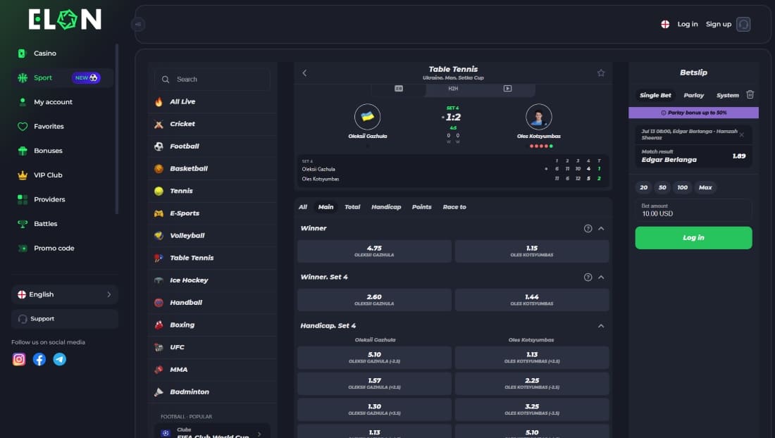 Live table tennis match screen with set score, betting odds, and match stats
