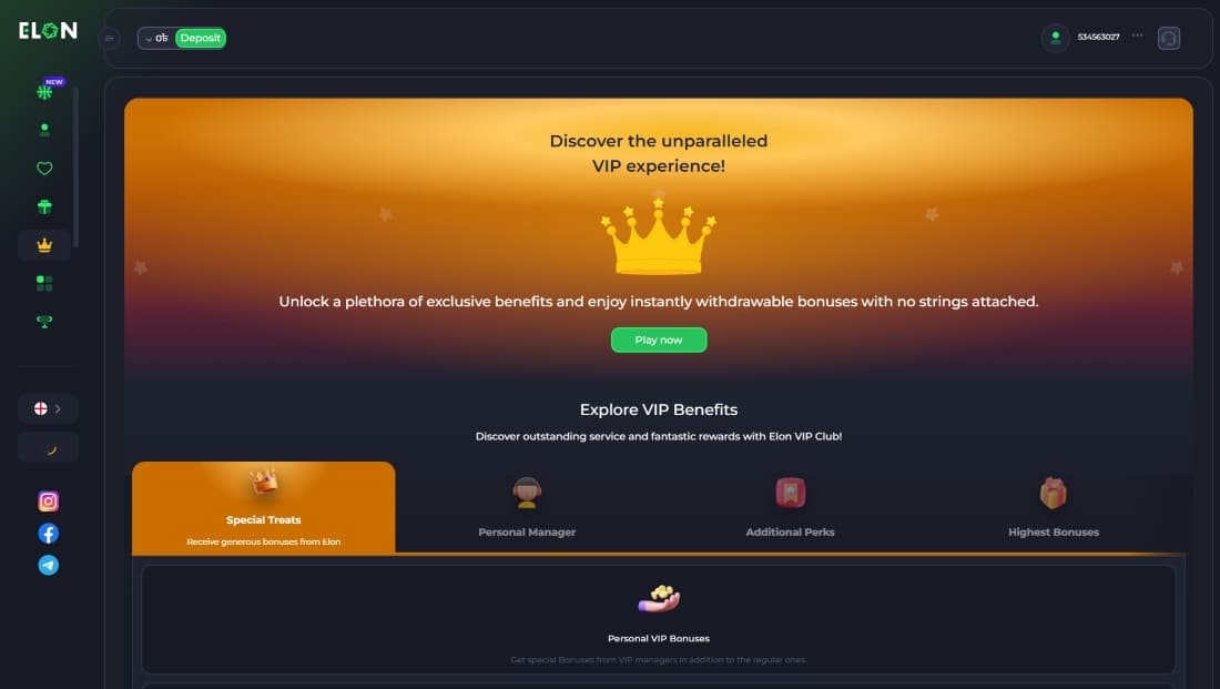 Elon VIP program with benefits like personal manager, bonuses, and exclusive perks