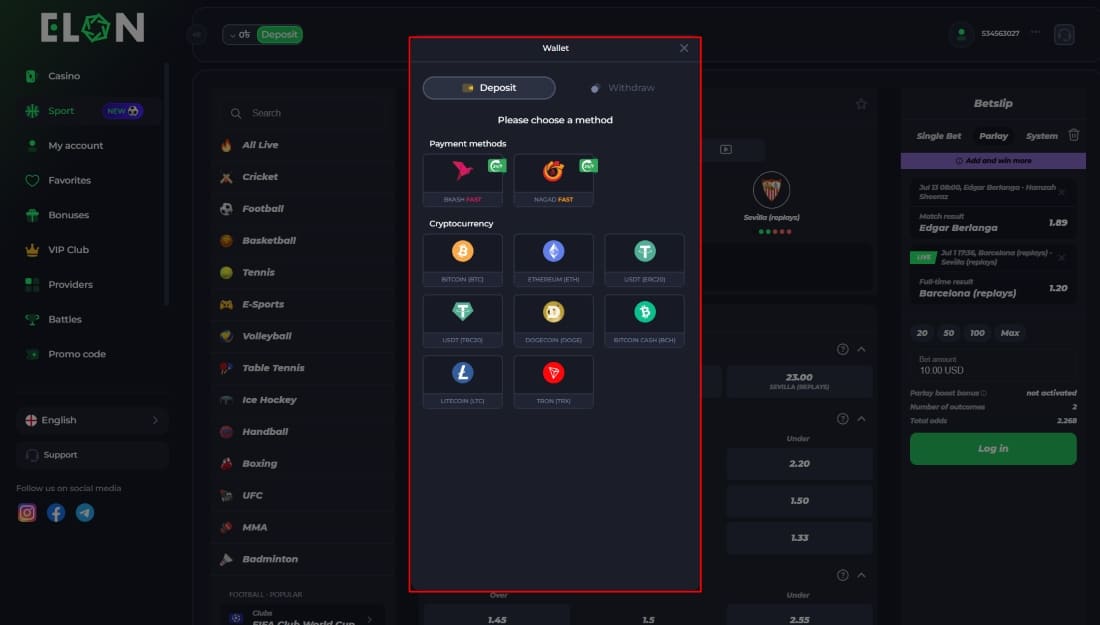 Elon wallet deposit methods with bank and crypto options like BTC and ETH